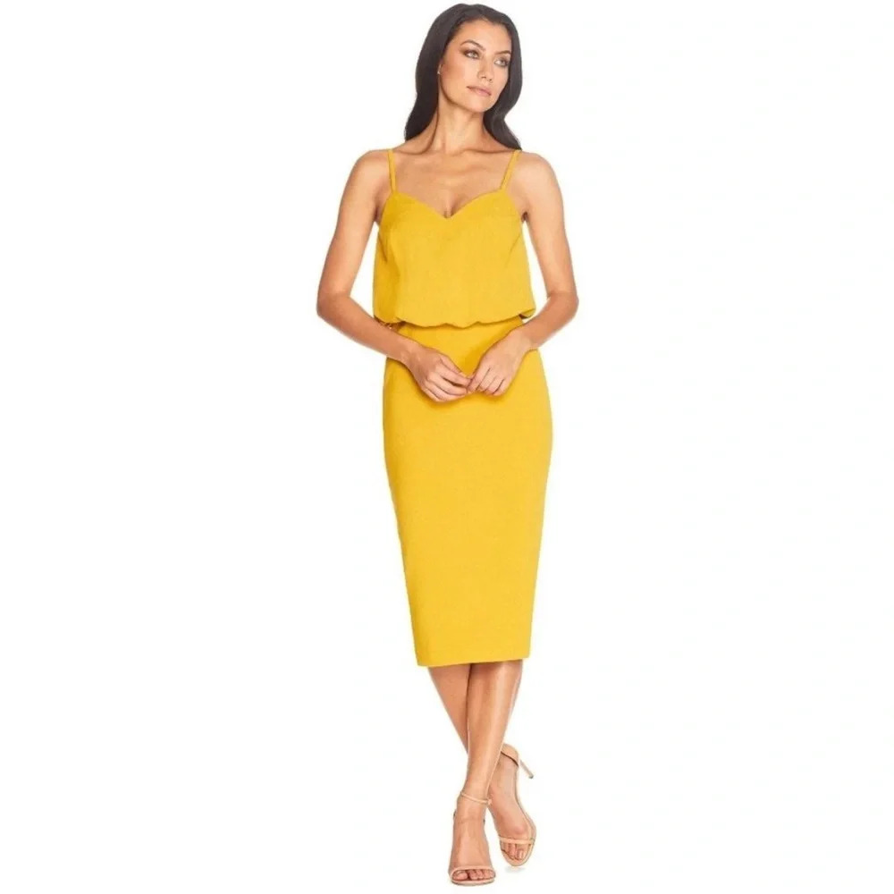DRESS THE POPULATION Alondra‎ Blouson Sheath Dress in Marigold Size X-Small